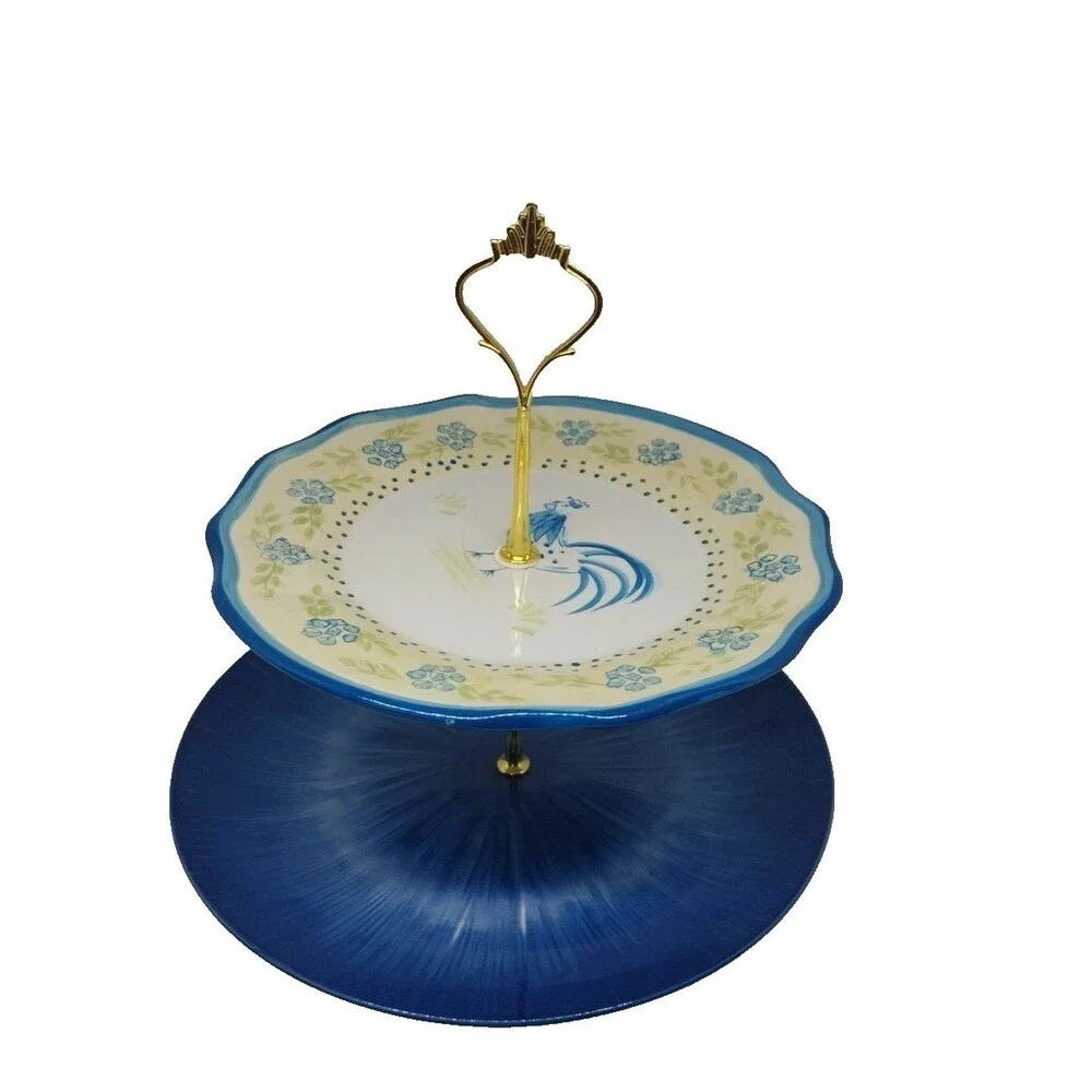 Custom 2 Tier Cake Stand Cottage Core Blue Floral Rooster Country
